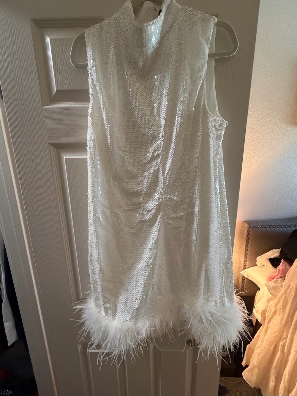 Girls White Sequin Feather Hem Party Dress